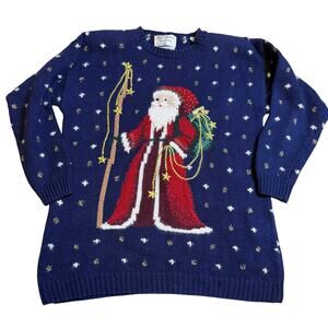 Marisa Christina Vintage Holiday Sweater Santa Claus Navy Red Christmas Knit